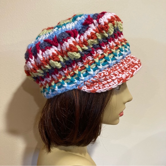 Hand knit, multicolor, BoHo style newsboy, cap/ hippie gypsy style - Picture 6 of 8